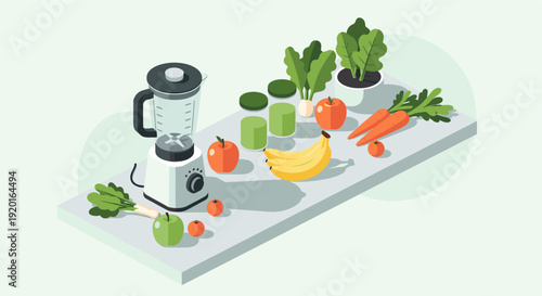 Flat vector illustration of a blender, fruits and vegetables arranged on a countertop, suggesting healthy eating, diet or smoothie preparation. Use for health, food or nutrition related articles.