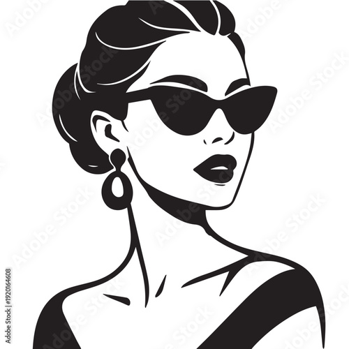 A stylish vector portrait of a fashionable woman wearing sunglasses, shown half body, capturing elegance, confidence, and a modern chic aesthetic.