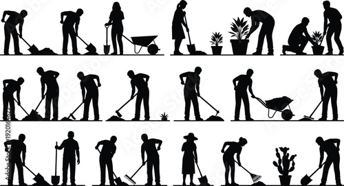 Gardening people silhouette set, garden work activities with planting digging raking tools, landscaping worker collection, outdoor gardening illustration, black vector, isolated on white background