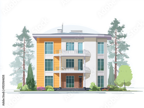 Clean illustration featuring a variety of suburban house designs in different architectural styles, isolated on a white background, representing summer season