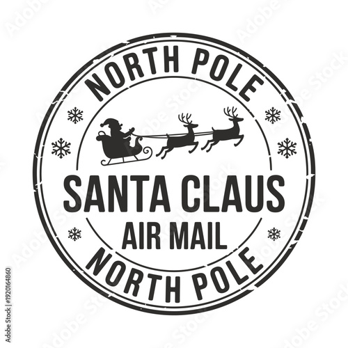 Vintage style circular stamp depicting santa claus and reindeer sleigh