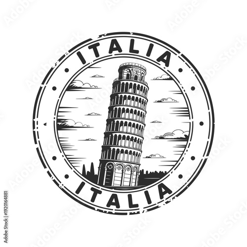 Vintage stamp illustration featuring the leaning tower of pisa italy