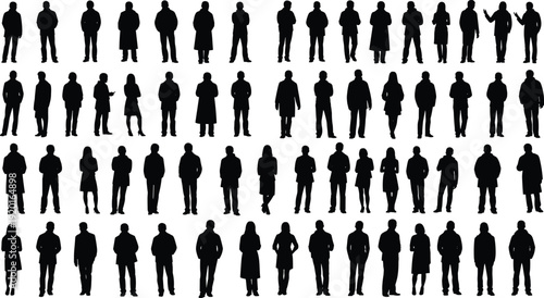 People silhouette collection set, men and women standing poses crowd characters, human figure icons, social diversity illustration, black vector, isolated on white background