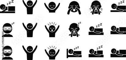 Sleep and emotion icons set, sleeping person, tired face, yawning, insomnia symbols, bedtime routine concept, human expression pictograms, black silhouette vector, isolated collection