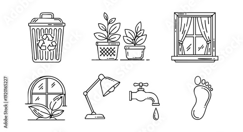 Eco-Friendly Lifestyle Vector Icons Representing Recycling, Plants, Natural Light, And Water Conservation For A Sustainable Future