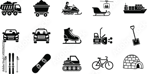 Winter transport and equipment icons set, snowmobile skis snowboard ice skate snowplow vehicles symbols, seasonal activity illustration, black silhouette vector, isolated on white