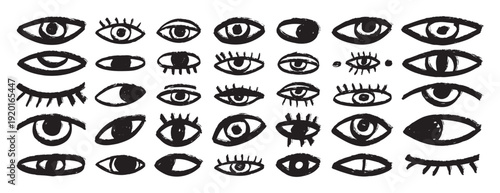 bizarre eyes hand drawn doodle brush set. Textured minimalistic grunge eyes rough collection 