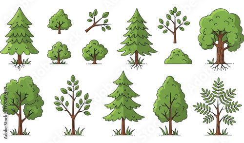Hand-drawn tree and bush vector set including pine, fir, oak, elm, and ash isolated on white background for botanical and game design