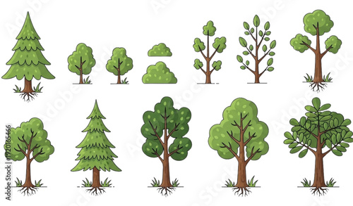Minimal tree and bush vector icon pack including pine, fir, oak, elm, and ash isolated on white background for game and infographic design