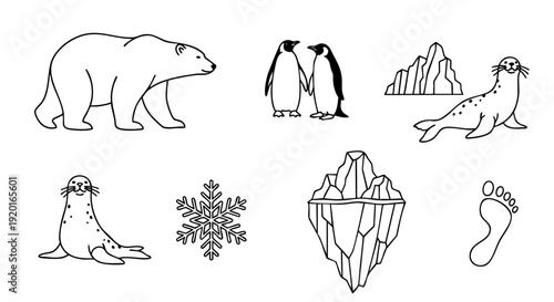 A minimalist Vector concept collection of polar wildlife and icy elements, including a polar bear, penguins, and a snowflake icon