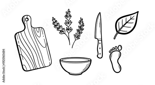 Organic cooking and natural lifestyle concept vector illustration set with kitchenware, plant, and footprint line art icons