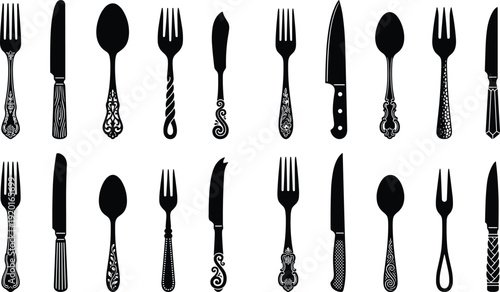 Vintage Fork Spoon and Knife Silhouette Collection Isolated on White Background, Decorative Cutlery Set for Restaurant, Kitchen, Dining and Catering Design Projects