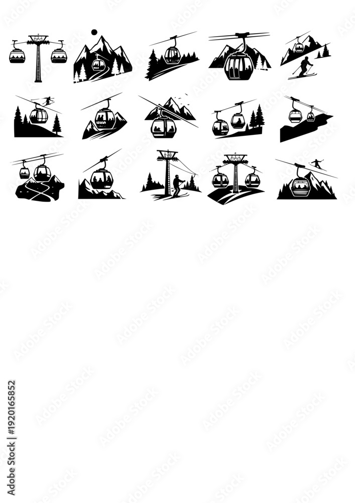 Obraz premium Gondola Skiing Vector Set - Black Silhouette Illustrations, Ski Lift Graphics, Cable Car , Alpine Resort Design Elements