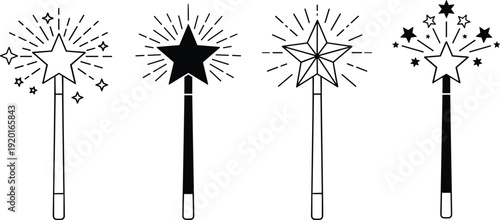 Magic wand icon illustration set, fantasy design artwork, star motif, sparkle symbol vector collection for magic, wizard, and enchantment themes
