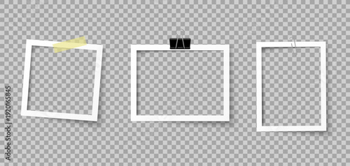 Realistic empty photo card frame mockup with retro vintage photograph style, transparent adhesive tape and paper clip, digital snapshot image for branding, scrapbooking, social media, posters, and