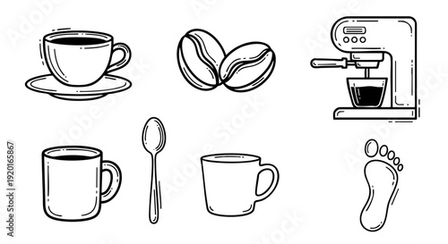 Vector Illustration of Coffee Beans, Espresso Machine, Cup and Saucer, Spoon, Mug, and Footprint