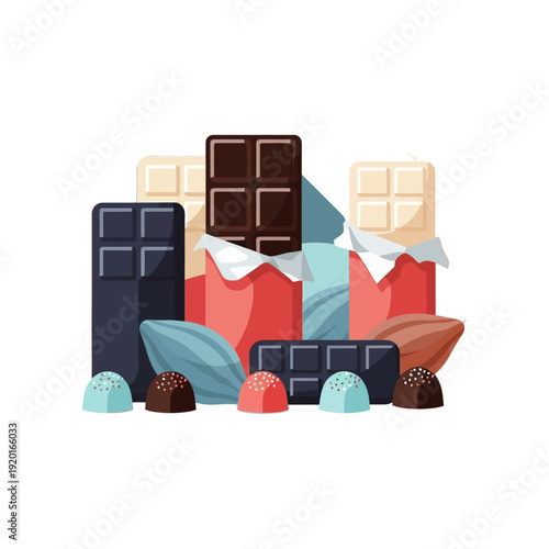 Assortment of various chocolate bars, truffles, and cacao beans on a white background, showcasing different types of confectionery.