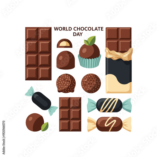 An assortment of delicious chocolate products including bars, truffles, and wrapped candies, celebrating World Chocolate Day with various treats.