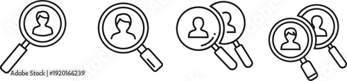User search and profile lookup icons with magnifying glass showing people identification recruitment analysis vector illustration outline minimal ui design