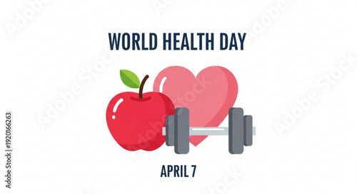 World health day illustration with apple heart and dumbbell on white background symbolizing wellness and fitness on april 7