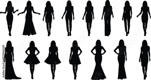 Women Silhouette Collection in Elegant Dresses and Walking Poses Isolated on White Background, Fashion Model Figures Set for Apparel, Boutique and Design Projects