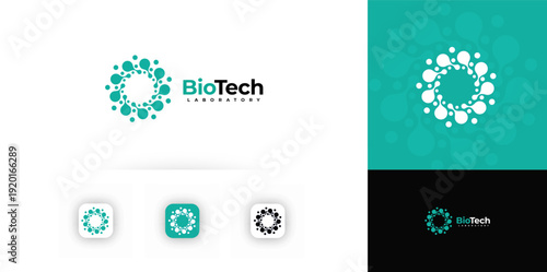 Biotech laboratory logo circular molecule drop symbol, medical branding design for healthcare startup, lab, pharmaceutical company, app icon. AI bio hack life health brands. Vector illustration