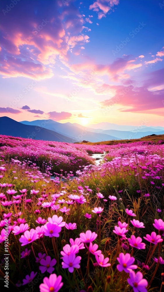 Fototapeta premium Alba Spettacolare su Prato di Fiori Alpini e Montagne in Primavera