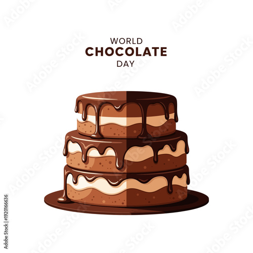 A delicious three-tiered chocolate cake with rich dripping frosting, celebrating World Chocolate Day on a clean white background.