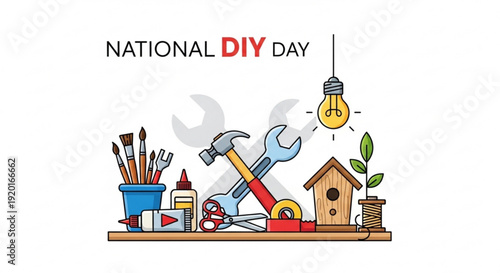 National diy day illustration with tools and gardening items on a shelf