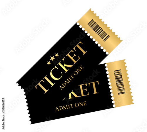 Two cinema tickets in black and gold design, realistic vector template for movie theater admission, film festival, premiere or entertainment event.