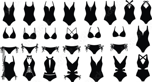 Women Swimsuit and Bikini Silhouette Collection Isolated on White Background, Modern Swimwear Set for Beach Fashion, Summer Apparel and Resort Design Projects