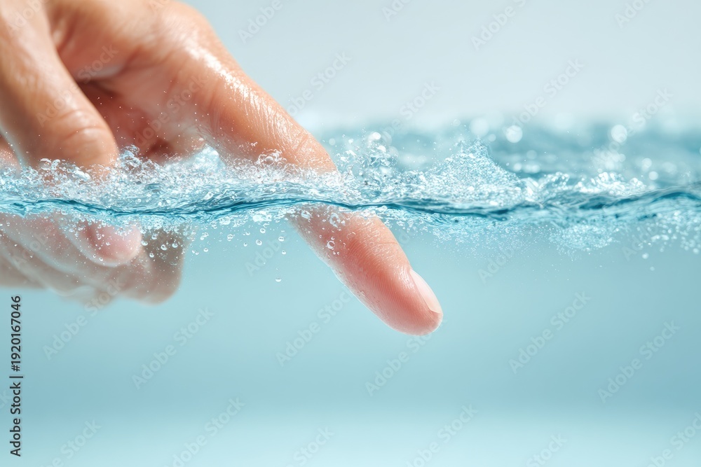 Fototapeta premium A human finger pierces a clear watery surface, surrounded by gentle, bubbling effects
