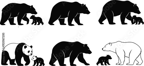 Bear silhouettes with cubs, black bear, panda bear, polar bear, wildlife animal illustration vector, nature themed design collection