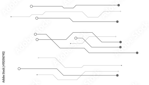 Abstract microelectronics circuit board. Horizontal lines and dots. Technology flow. Clean white background.