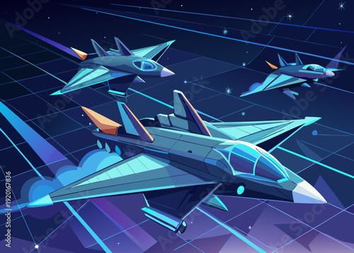 Futuristic fighter jets flying in formation through a neon lit night sky
