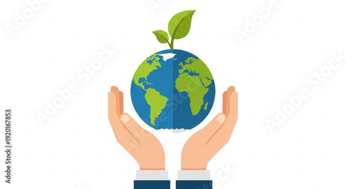 Hands holding a globe with a sprouting plant symbolizing environmental conservation and sustainability efforts worldwide with a simple flat design