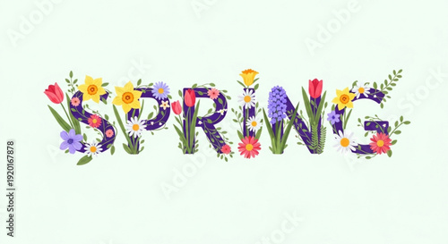 Colorful spring flowers and leaves forming the word 'spring' on a light green background with vibrant floral letters