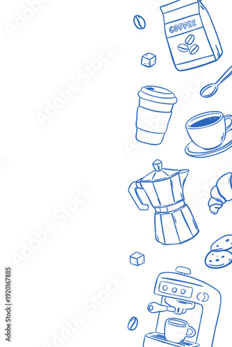 Coffee cup, moka pot, beans, espresso machine and pastries arranged as vertical decorative border. Vector illustration in quickly sketch, whimsical style for menu, packaging and branding