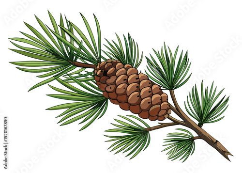 Pine branch with green needles and brown pinecone
