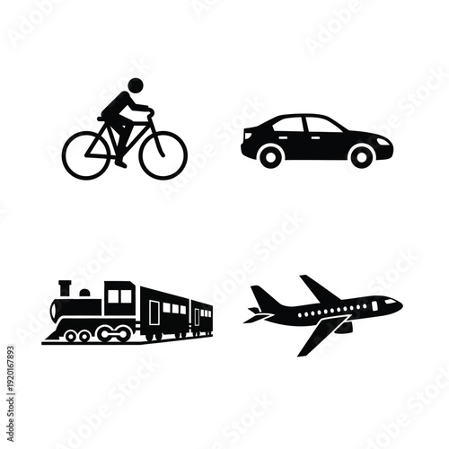 Four icons represent different modes of transportation: bicycle, car, train, and airplane.
