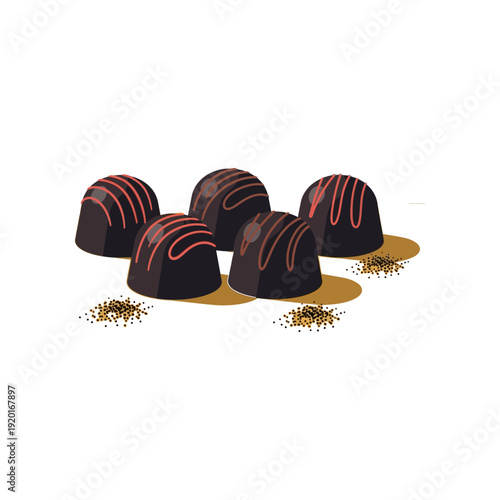 Five gourmet dark chocolate truffles with decorative pink drizzles on a golden surface, surrounded by cocoa powder.