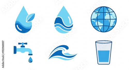 Water conservation icons set including faucet wave globe and droplets on white background for ecology and environment concepts