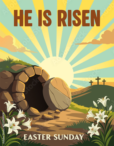 He Is Risen, Easter Sunday Resurrection Illustration. Retro Poster Vector Graphic
