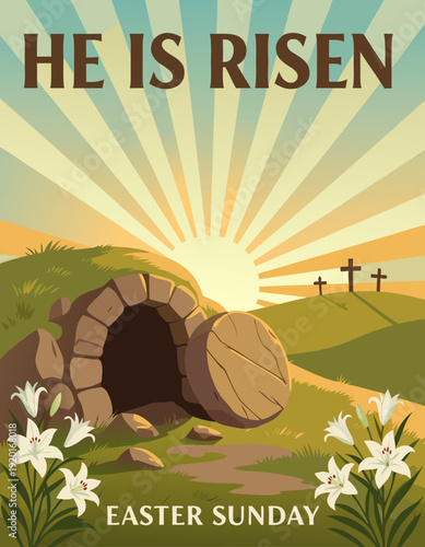 Holy Easter Scene, Empty Tomb with Lilies. Retro Poster Vector Graphic
