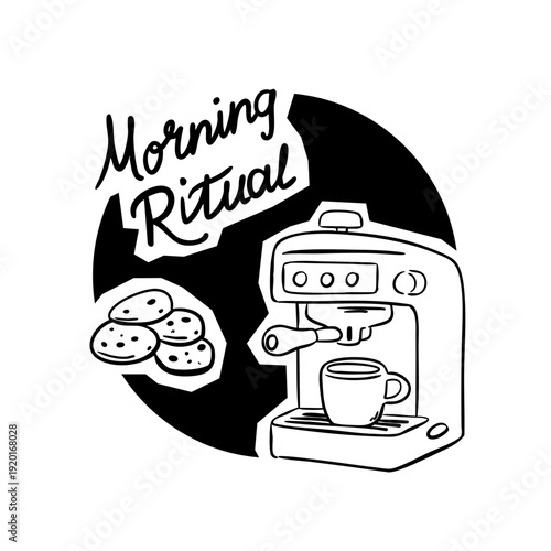 Espresso machine, cup and cookies arranged in round composition with “Morning Ritual” lettering. Vector illustration in quickly sketch, whimsical style for café branding, packaging and menu design
