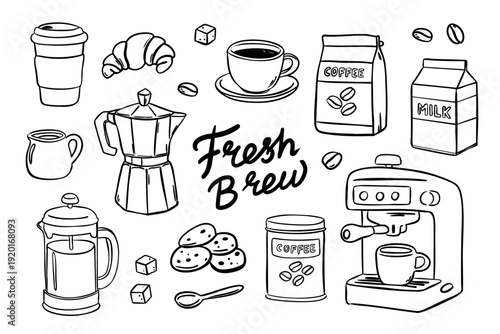 Espresso cup, moka pot, milk carton, cream, takeaway cup, espresso machine, croissant, cookies, sugar with lettering. Vector illustration in quickly sketch, doodle style for café branding and prints