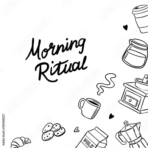 Corner frame with coffee cup, moka pot, beans, espresso machine, croissant, cookies and “Morning Ritual” lettering. Vector line art in quickly sketch, whimsical style for menu, branding and prints