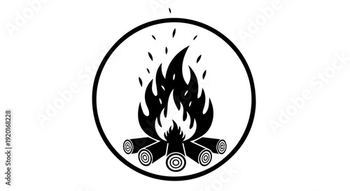 Campfire line icon illustration. Includes flame, bonfire, wood log, fire pit, outdoor heat and light symbol. Created in minimal outline style with black monochrome palette