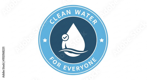 Clean water for everyone logo with water droplet and checkmark symbol on blue background representing purity and sustainability