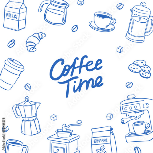 Decorative frame with coffee cup, takeaway cup, moka pot, beans, espresso machine, grinder and bakery with lettering. Vector illustration in quickly sketch, doodle style for café branding and prints